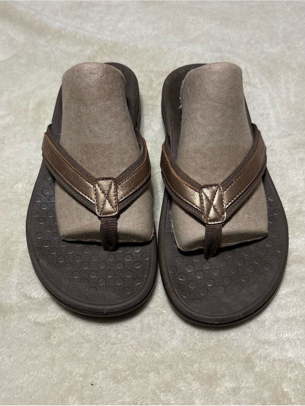 Vionic Brown Metallic-Trim Thong Sandals